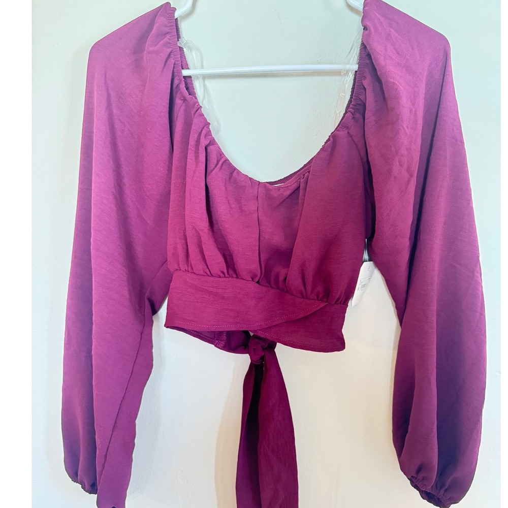 NWT Altar'd State Plum Purple Tie Front Crop Top Long Balloon Sleeve Boho Size L - Picture 3 of 6
